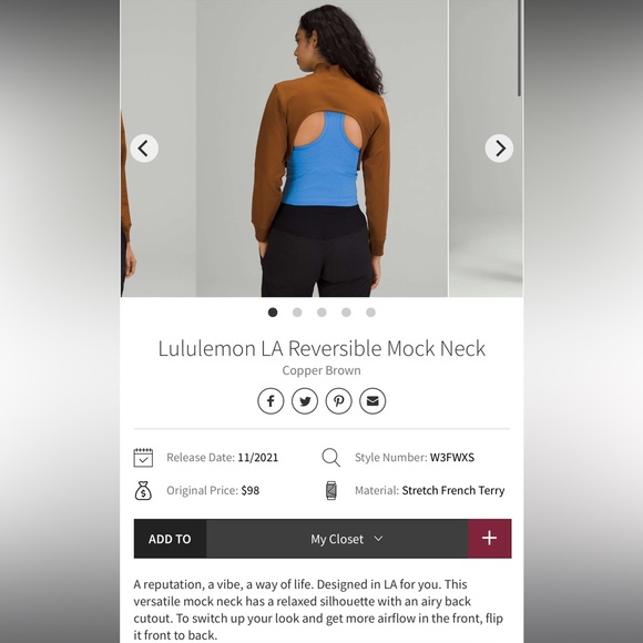 New Lululemon LA Reversible Mock Neck size 10 in Copper Brown NWT - Picture 6 of 10